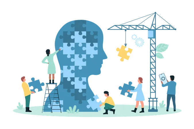 Mental Health Support Therapy Psychology Vector Illustration Cartoon Tiny People Build Puzzles Construction Inside Brain Of Huge Human Head Construct Personality Jigsaw From Blocks With Crane Illustration