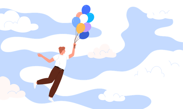 Mental health, wellbeing and dreams, happy young man flying with bunch of balloons in sky  Illustration