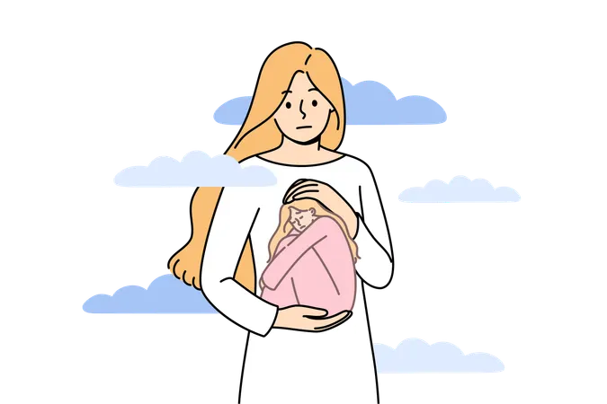 Mental pain and suffering in upset young woman while feeling crying girl inside own soul  Illustration