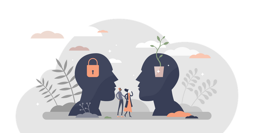 Mentalidade fixa versus mentalidade de crescimento com personalidade aberta ou bloqueada  Ilustração