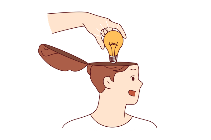 Mentorhand bringt Idee in Form einer Glühbirne in den Kopf eines Mannes  Illustration