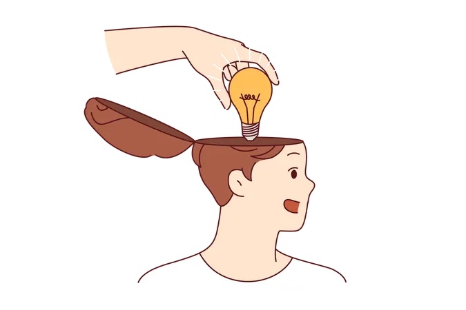 A mão do mentor coloca a ideia em forma de lâmpada na cabeça do homem  Ilustração