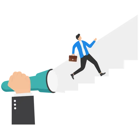 Mentorship To Support Employee Career Advancement Guidance For Achievement Encouragement At Work Concept Boss Turning On Flashlight To Create Staircase Of Success For Employee Illustration