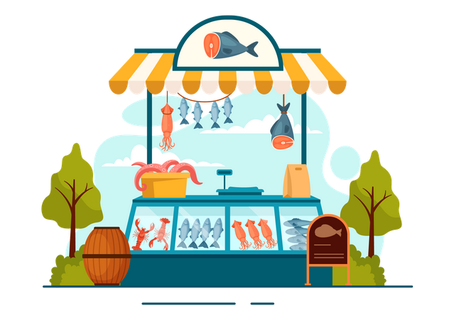 Mercado de frutos do mar  Ilustração