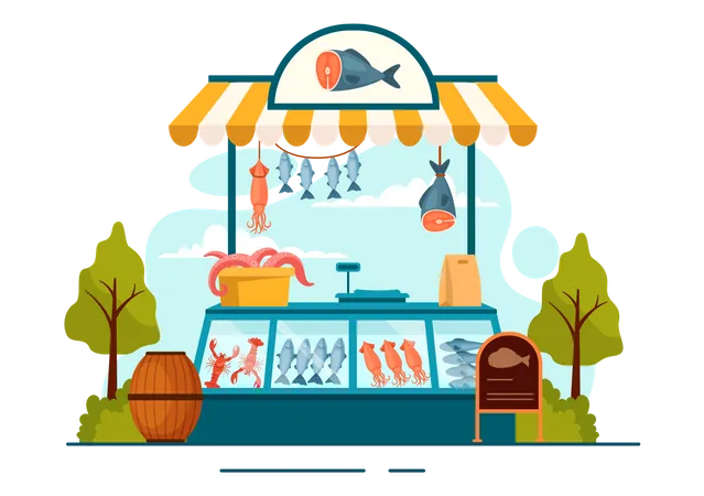 Mercado de frutos do mar  Ilustração