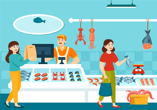 Mercado de mariscos  Ilustración
