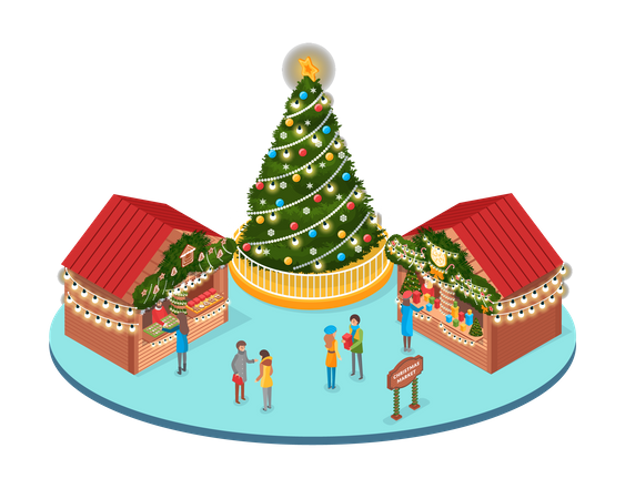 Mercado de vacaciones de invierno con gente en la feria navideña  Ilustración
