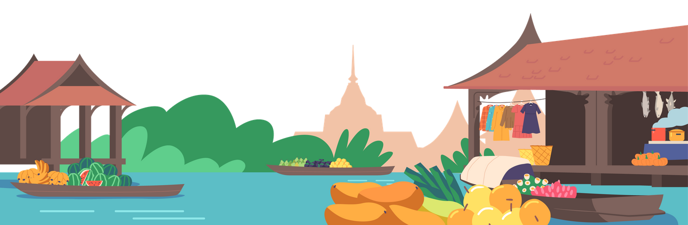 Mercado flotante de tailandia  Ilustración