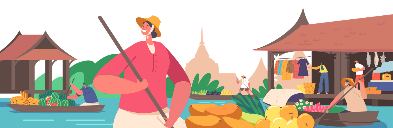 Mercado flotante en tailandia  Ilustración