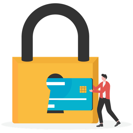 Merchant pushes debit card into lock  Illustration