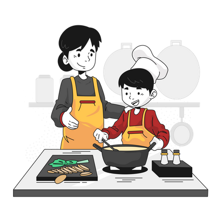 Mère apprenant aux enfants à cuisiner  Illustration