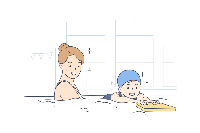 La mère enseigne la natation à son enfant  Illustration