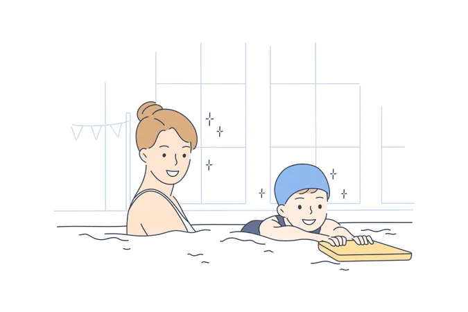 La mère enseigne la natation à son enfant  Illustration