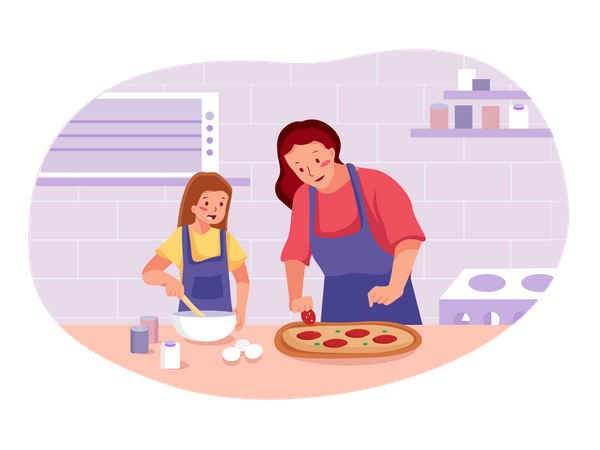 Mère avec petite fille faisant de la pizza  Illustration