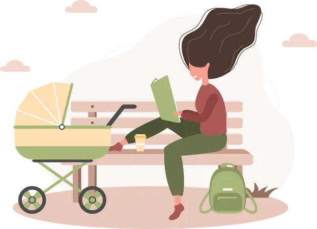 Mère avec livre de lecture de poussette de bébé  Illustration