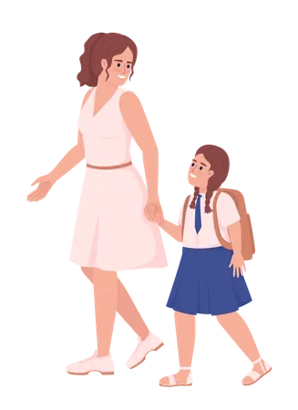 Mère avec fille en uniforme scolaire  Illustration