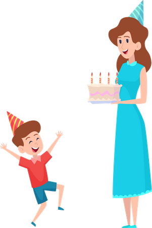 Mère célébrant l'anniversaire de son fils avec un gâteau  Illustration