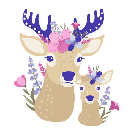 Mère cerf et bébé cerf avec des fleurs  Illustration