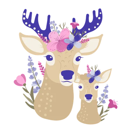 Mère cerf et bébé cerf avec des fleurs  Illustration