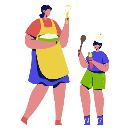 Mère cuisine avec enfant  Illustration