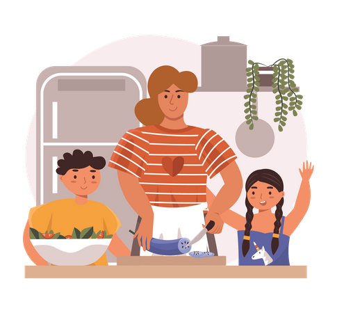 Mère cuisinant des aliments avec des enfants  Illustration