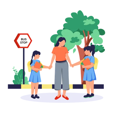 Mère debout avec des filles à l'arrêt de bus  Illustration