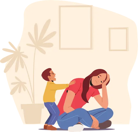 Une mère fatiguée et déprimée s'assoit sur le sol pendant que son fils la dérange  Illustration