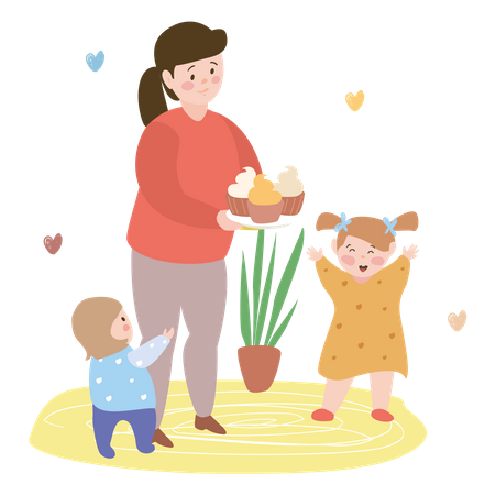 Mère donnant des cupcakes à un enfant  Illustration
