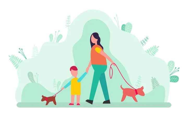 Une mère emmène son enfant en promenade avec un chien  Illustration