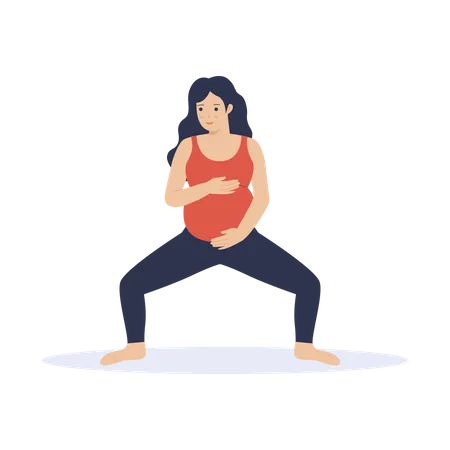 Une mère enceinte pratique le yoga à la maison  Illustration