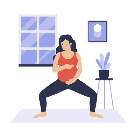 Une mère enceinte pratique le yoga à la maison  Illustration