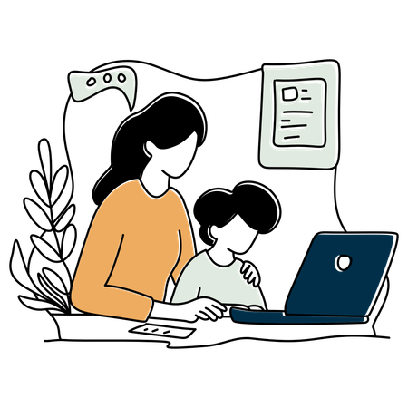 Une mère enseigne à un élève en utilisant l'apprentissage en ligne  Illustration