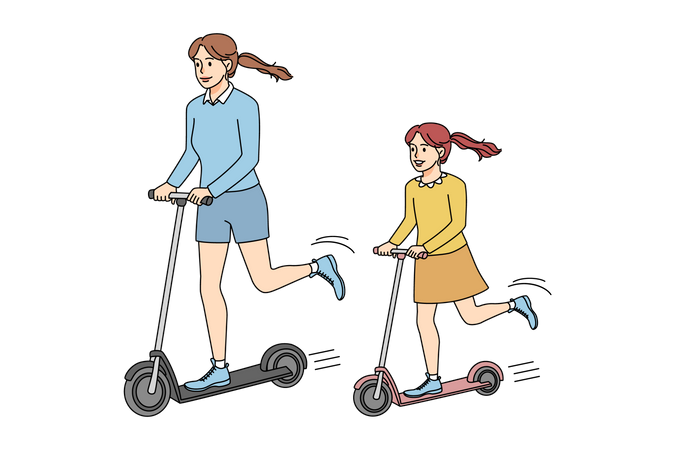 Mère chevauchant un scooter avec sa fille  Illustration