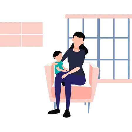 La mère est assise sur un canapé avec son enfant  Illustration