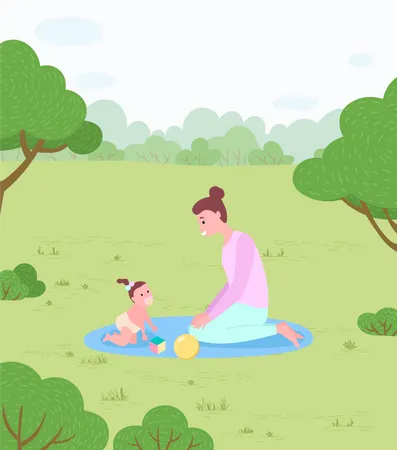 Mère et bébé fille sur un tapis avec des jouets dans le parc  Illustration