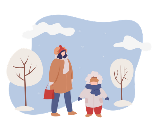 Mère et enfant marchant dans la neige  Illustration