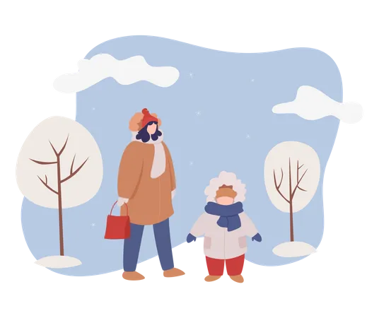 Mère et enfant marchant dans la neige  Illustration