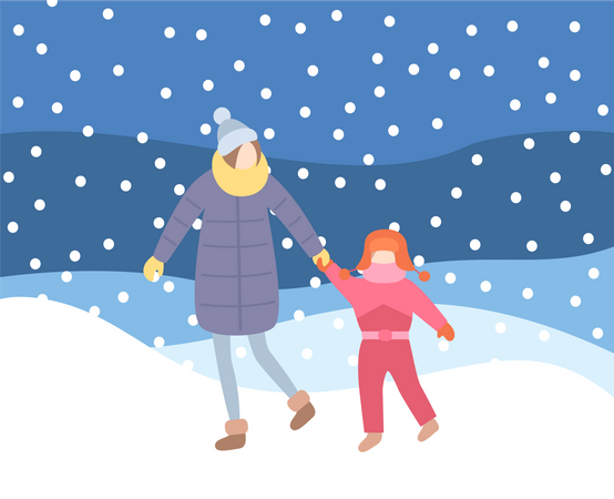 Mère et enfant marchant dans le soir d'hiver Blizzard  Illustration