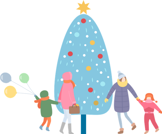 Mère et enfant marchant près de l'arbre de Noël  Illustration