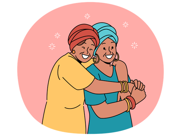 Une mère et sa fille adultes heureuses en vêtements nationaux africains s'embrassent ensemble  Illustration