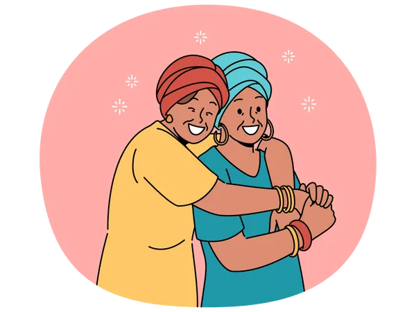 Une mère et sa fille adultes heureuses en vêtements nationaux africains s'embrassent ensemble  Illustration
