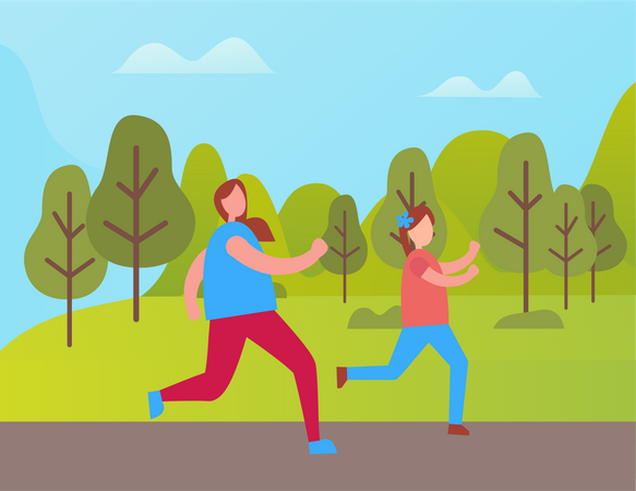 Mère et fille allant faire du jogging dans le parc  Illustration