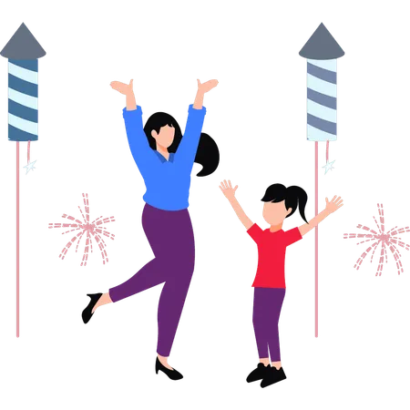 Mère et fille profitant du festival de feux d'artifice  Illustration