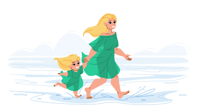 Mère et fille s'amusent à la plage  Illustration