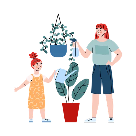 Une mère et sa fille arrosent les plantes d'intérieur  Illustration