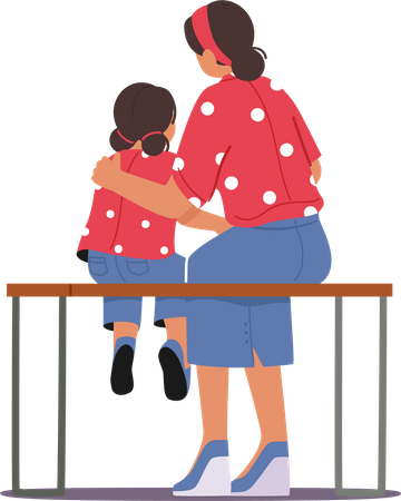 Mère et fille assises sur un banc  Illustration