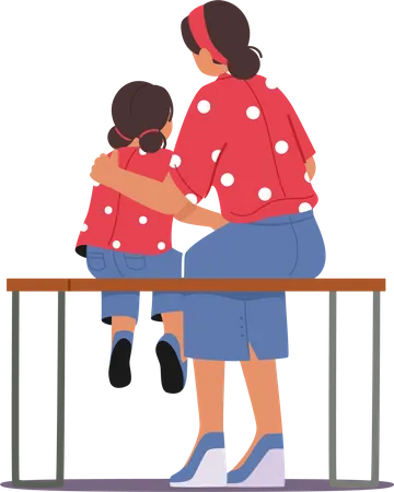 Mère et fille assises sur un banc  Illustration