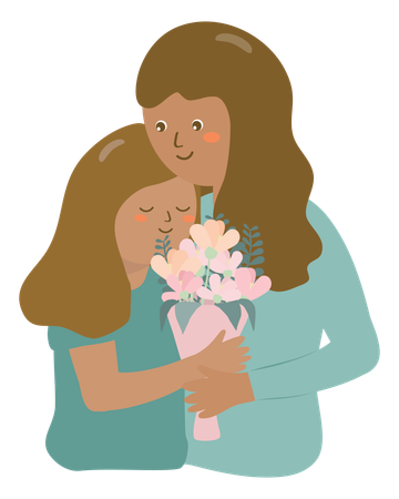 Mère et fille avec bouquet de fleurs  Illustration