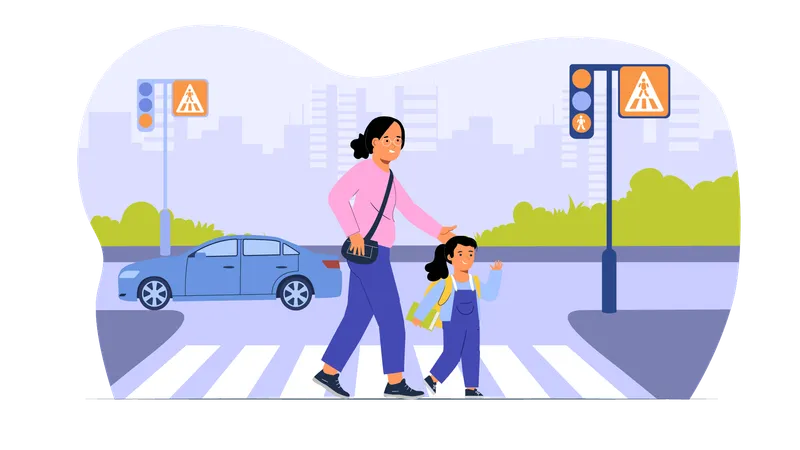 Mère et fille traversant la route au passage piéton  Illustration