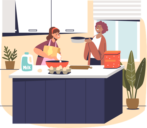 Mère et fille cuisinant à la maison dans la cuisine  Illustration